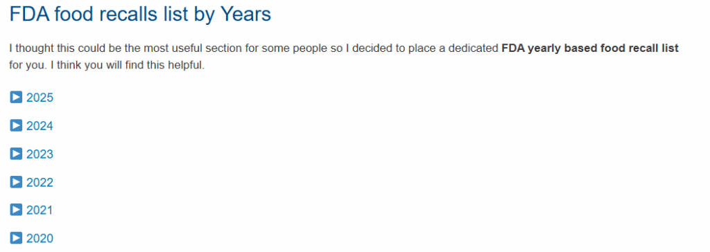 Food recalls list group by years
